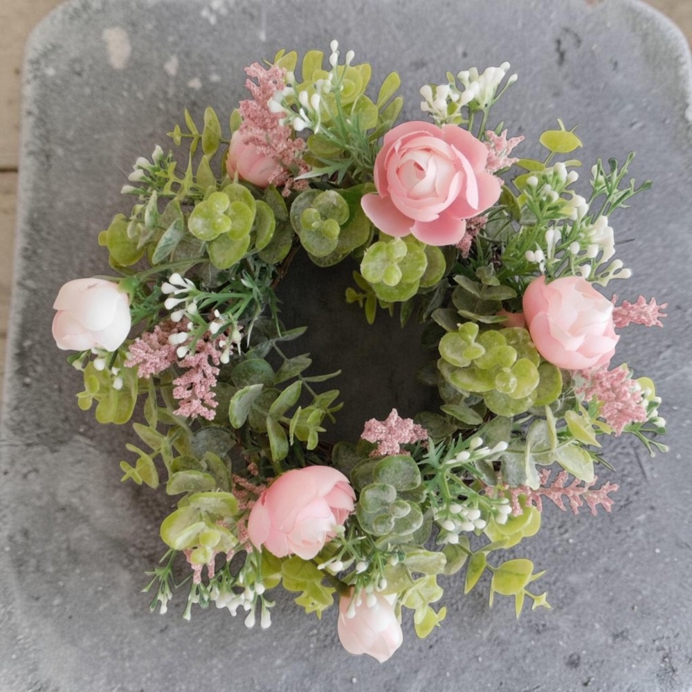 Dusty Miller Mini Wreath, Eucalyptus, Pink‎ Flowers, Candle Ring